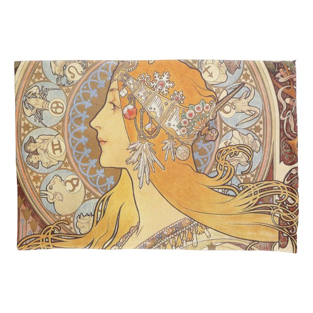 Alfonse Mucha Zodiac Art Nouveau Woman Pillowcase (Front)