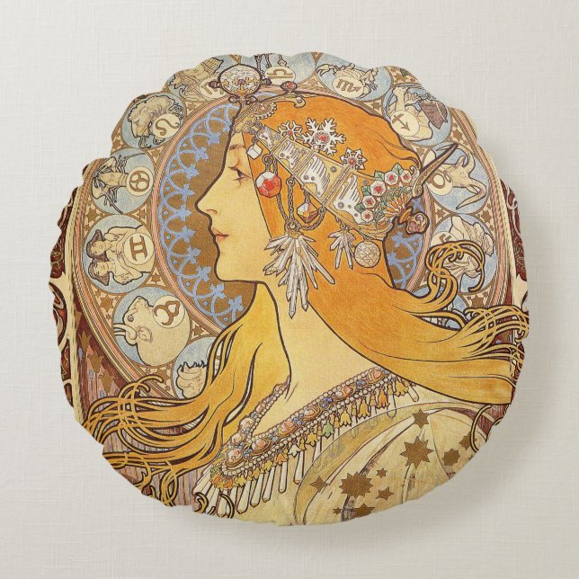 Alfonse Mucha Zodiac Art Nouveau Woman Round Cushion (Front)