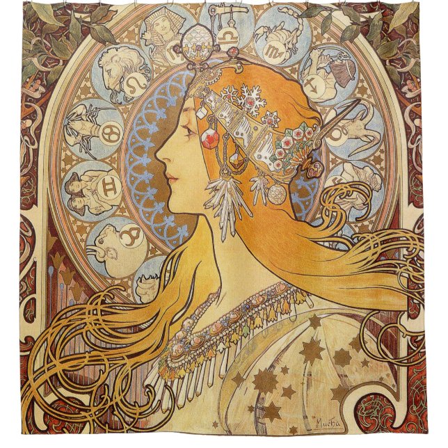 Alfonse Mucha Zodiac Art Nouveau Woman Shower Curtain (Front)