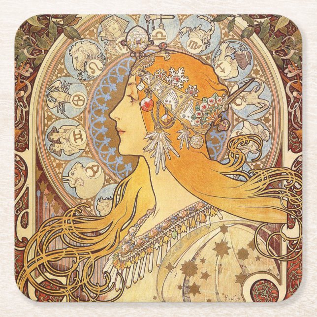 Alfonse Mucha Zodiac Art Nouveau Woman Square Paper Coaster (Front)
