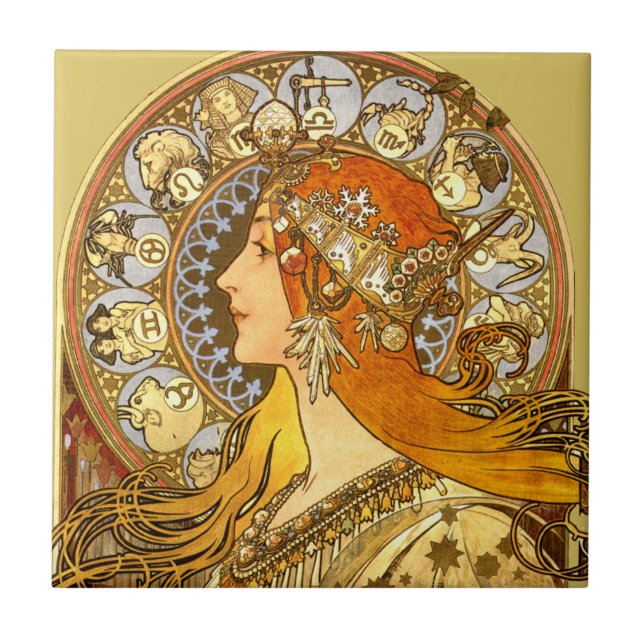 Alfonse Mucha Zodiac Art Nouveau Woman Tile (Front)