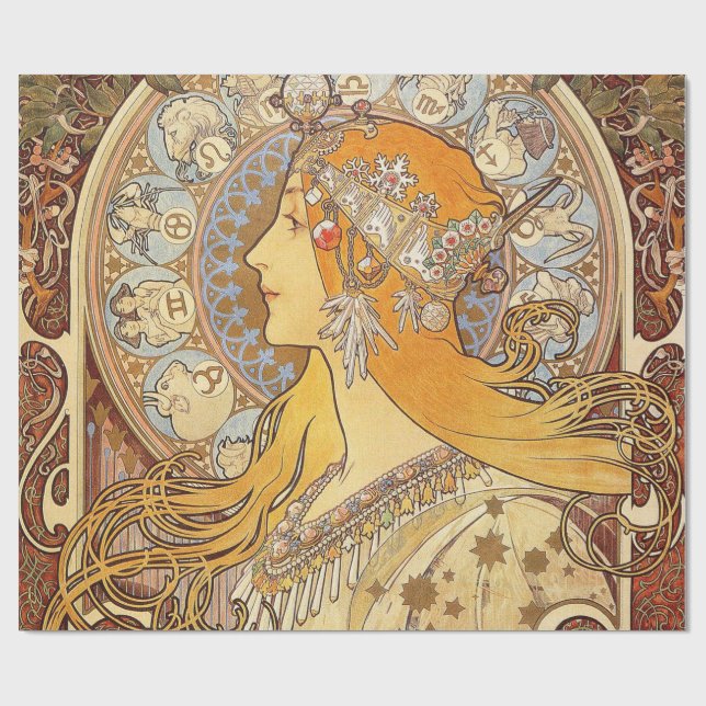 Alfonse Mucha Zodiac Art Nouveau Woman Wrapping Paper (Flat)