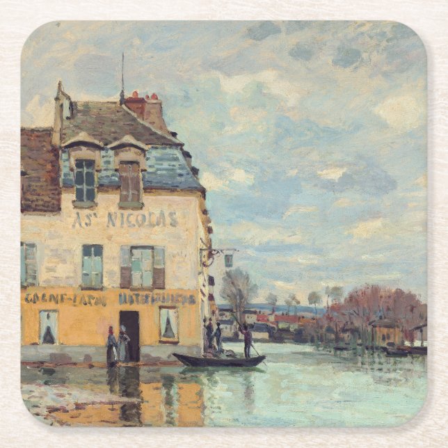 Alfred Sisley - Flood at Port-Marly 1872 Square Paper Coaster (Front)
