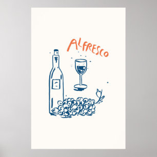 Alfresco Wine Bottle Grapes Print Vintage Italian