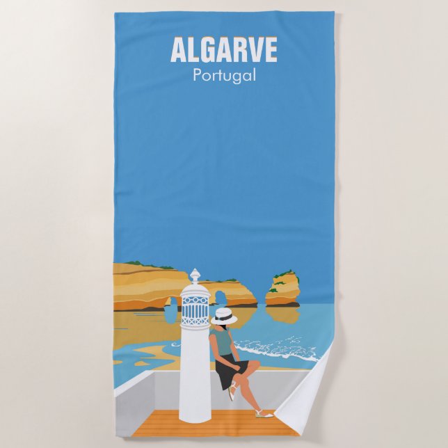 Algarve beach girl travel vintage style beach towel (Front)