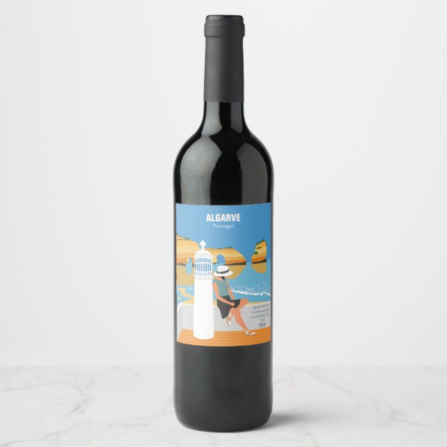 Algarve beach girl travel vintage style wine label (Front)