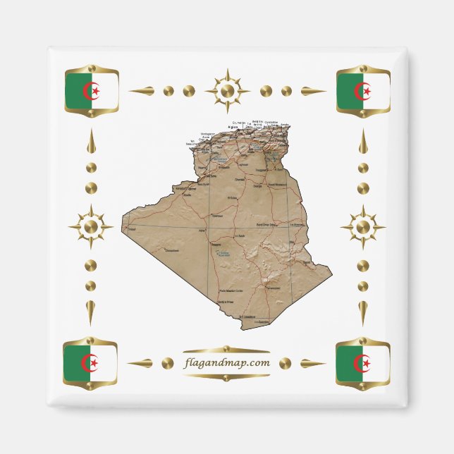 Algeria Map + Flags Magnet (Front)