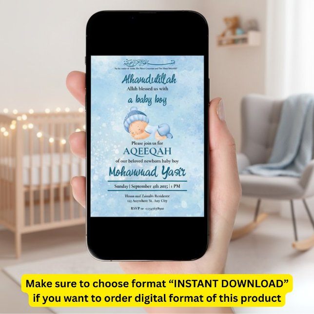 Alhamdulillah blue aqeeqah muslim baby boy invitation (Creator Uploaded)