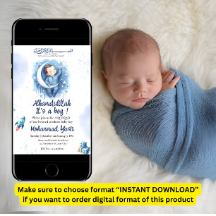 Alhamdulillah it's a boy blue aqeeqah muslim baby invitation