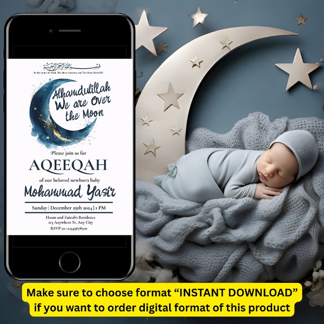 Alhamdulillah we are over moon aqeeqah muslim baby invitation (Creator Uploaded)