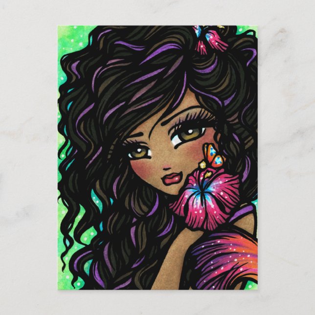 "Aliah" Hibiscus Mermaid Fantasy Art Postcard (Front)