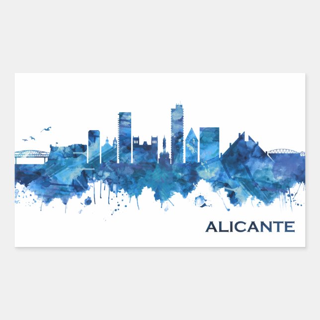 Alicante Spain Skyline Blue Rectangular Sticker (Front)
