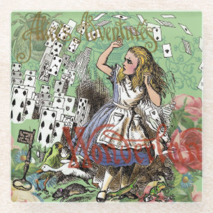 alice adventure cards wonderland hatter rabbit glass coaster