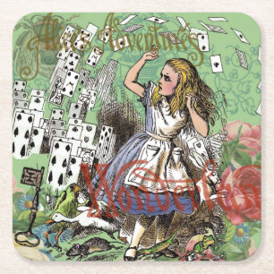 alice adventure cards wonderland hatter rabbit square paper coaster