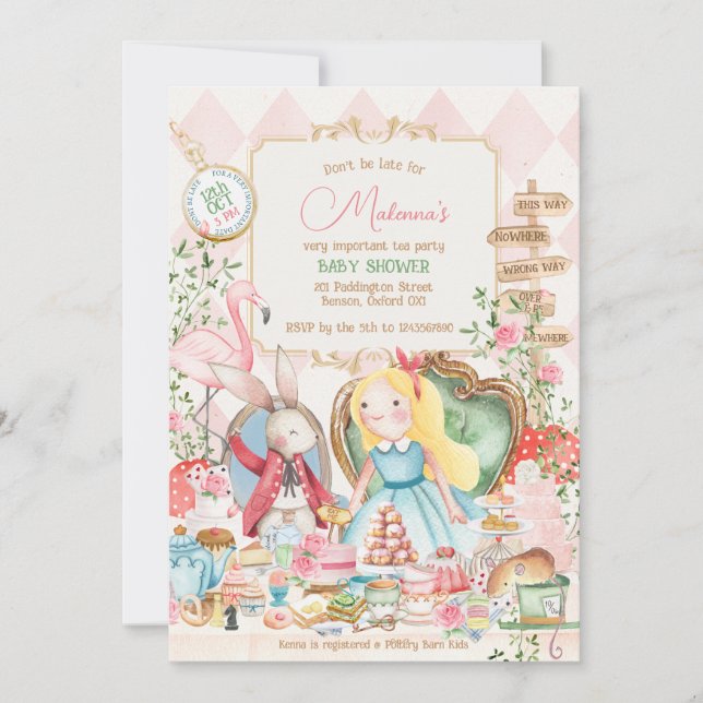 Alice Adventure in Woderland Baby Shower Tea Party Invitation (Front)