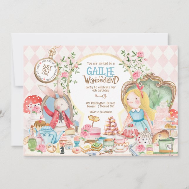 Alice Adventures in Woderland Birthday Tea Party Invitation (Front)