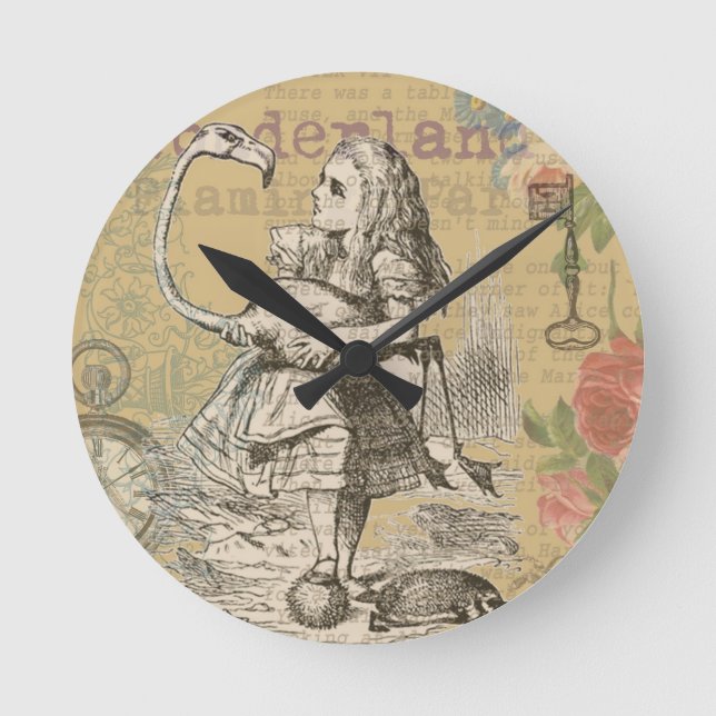 Alice Adventures Wonderland Flamingo Classic Round Clock (Front)