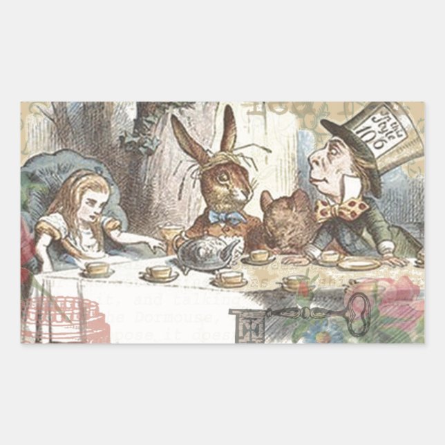 Alice Adventures Wonderland Mad Tea Party Art Rectangular Sticker (Front)