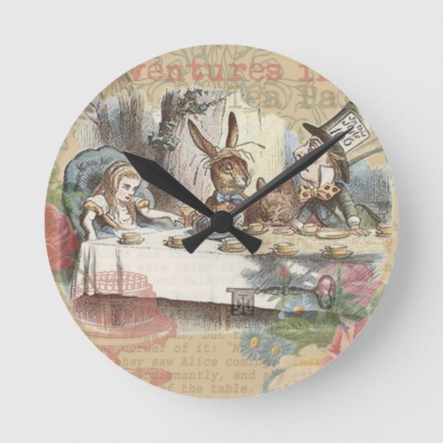 Alice Adventures Wonderland Mad Tea Party Art Round Clock (Front)