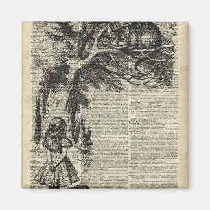 Alice and Cheshire Stencil Art On Old Book Page Magnet