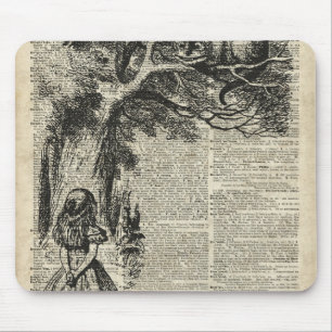 Alice and Cheshire Stencil Art On Old Book Page Mouse Pad