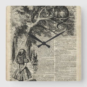 Alice and Cheshire Stencil Art On Old Book Page Square Wall Clock