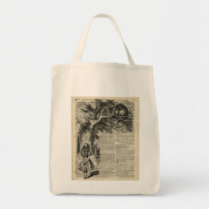 Alice and Cheshire Stencil Art On Old Book Page Tote Bag