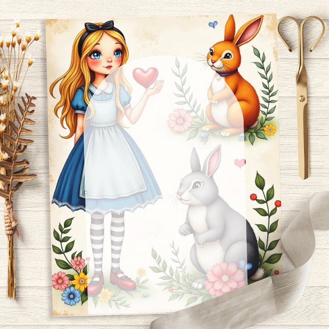 Alice and Rabbits Floral Hearts Scrapbook Paper (Creator Uploaded)