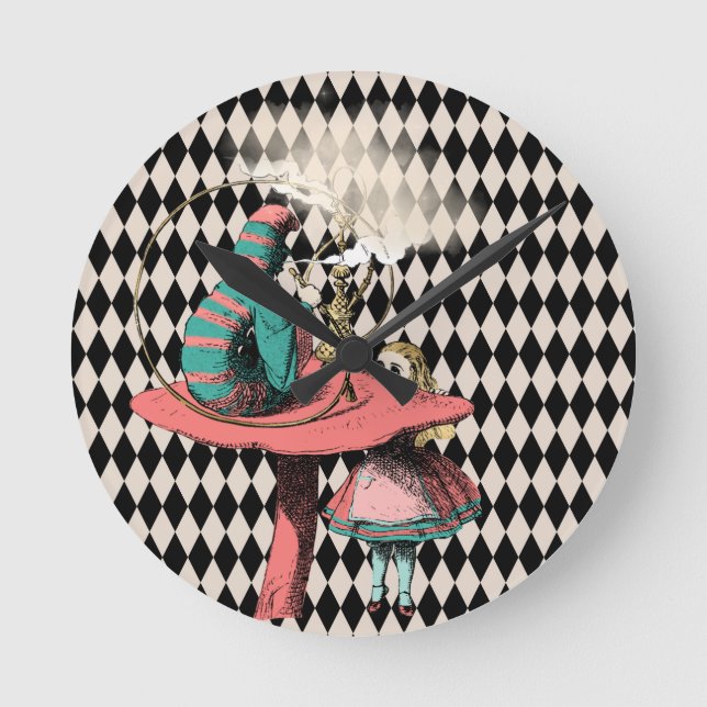 Alice and the Caterpillar Black White Blue Pink Round Clock (Front)