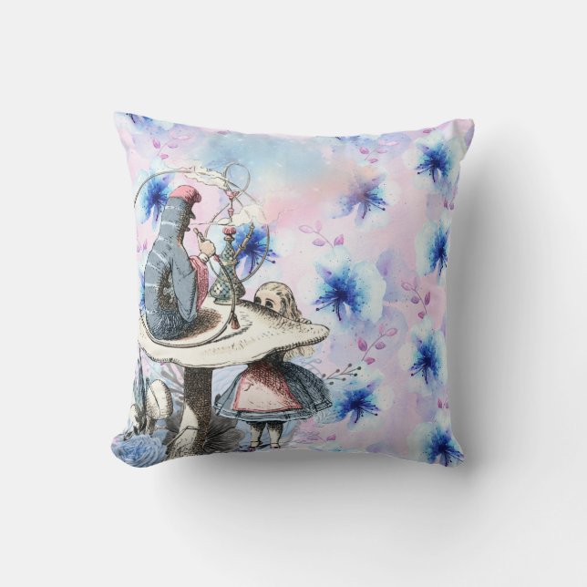 Alice and the Caterpillar Blue Floral Cushion (Front)