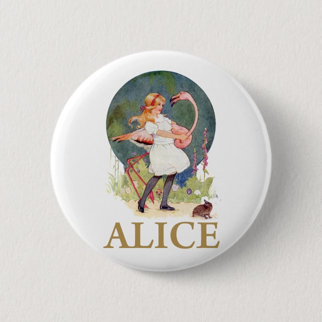 ALICE AND THE PINK FLAMINGO PLAY CROQUET 6 CM ROUND BADGE (Front)