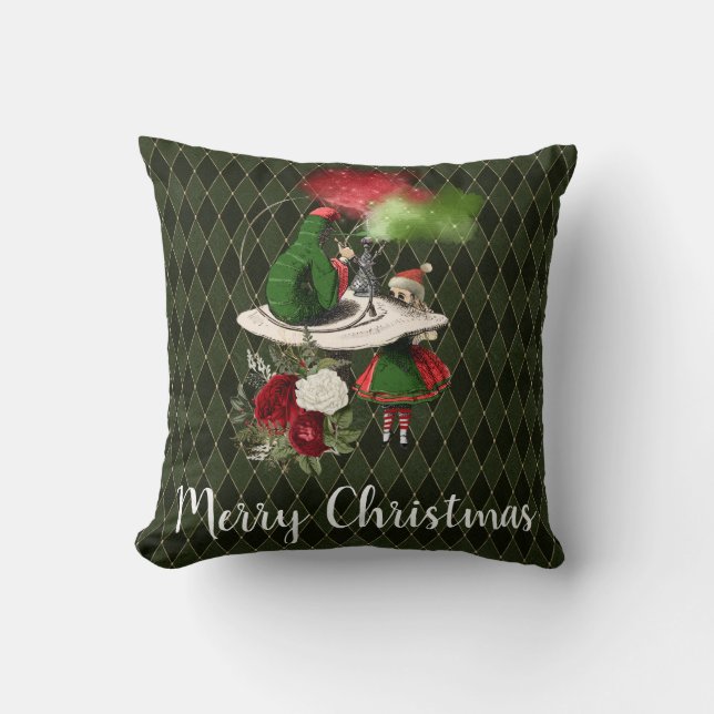 Alice and the Smoking Caterpillar Christmas Green Cushion (Front)