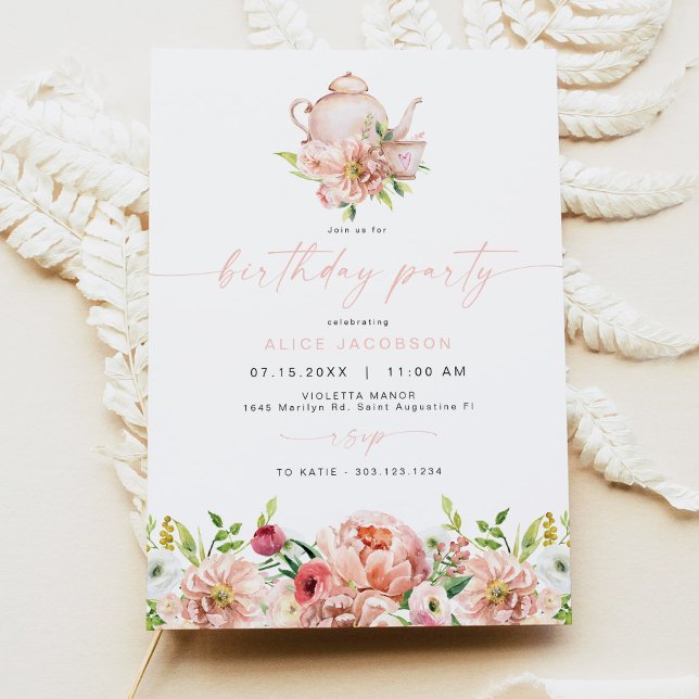 ALICE Blush Spring Floral Tea Party Birthday Invitation (Creator Uploaded)