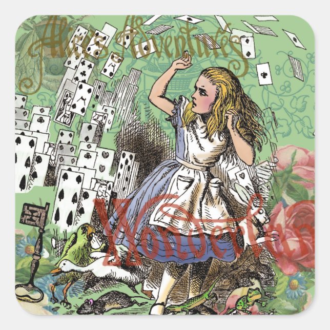 alice cards wonderland hatter rabbit  square sticker (Front)