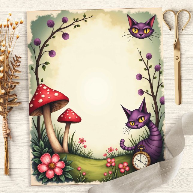 Alice Cheshire Cat Mushroom Clock Scrapbook Paper (Creator Uploaded)