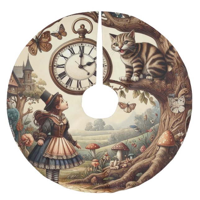 Alice & Cheshire Cat: Whimsical Wonderland Fantasy Brushed Polyester Tree Skirt (Front)