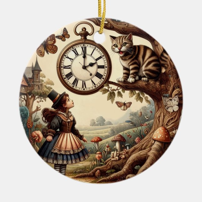 Alice & Cheshire Cat: Whimsical Wonderland Fantasy Ceramic Ornament (Front)