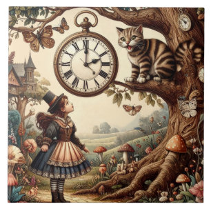 Alice & Cheshire Cat: Whimsical Wonderland Fantasy Ceramic Tile