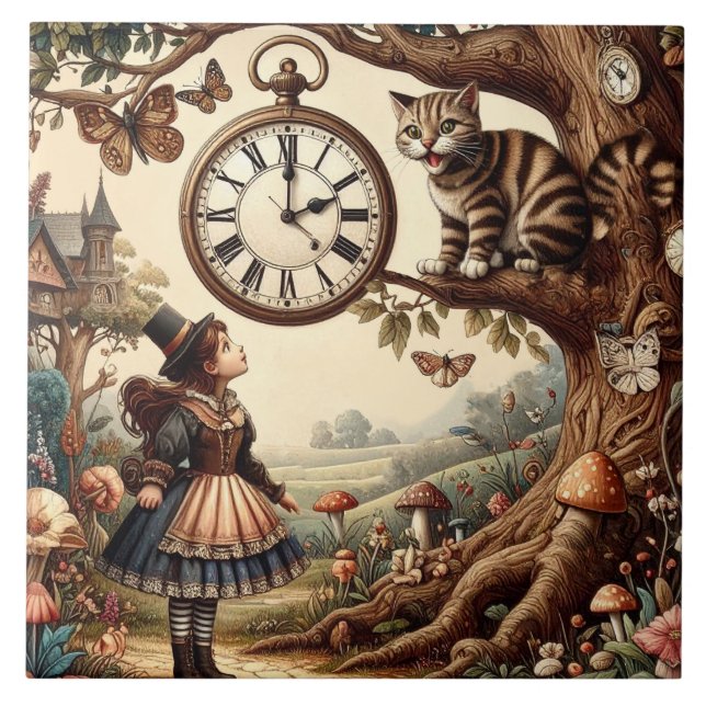 Alice & Cheshire Cat: Whimsical Wonderland Fantasy Ceramic Tile (Front)