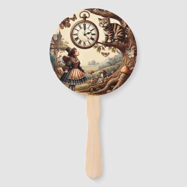 Alice & Cheshire Cat: Whimsical Wonderland Fantasy Hand Fan (Front)