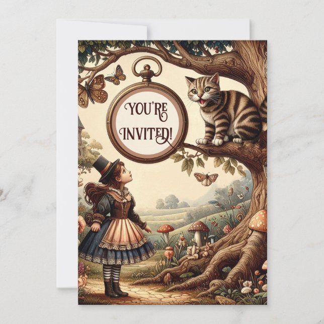 Alice & Cheshire Cat: Whimsical Wonderland Fantasy Invitation (Front)
