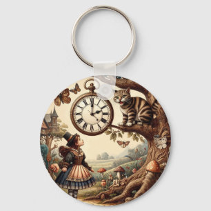 Alice & Cheshire Cat: Whimsical Wonderland Fantasy Key Ring