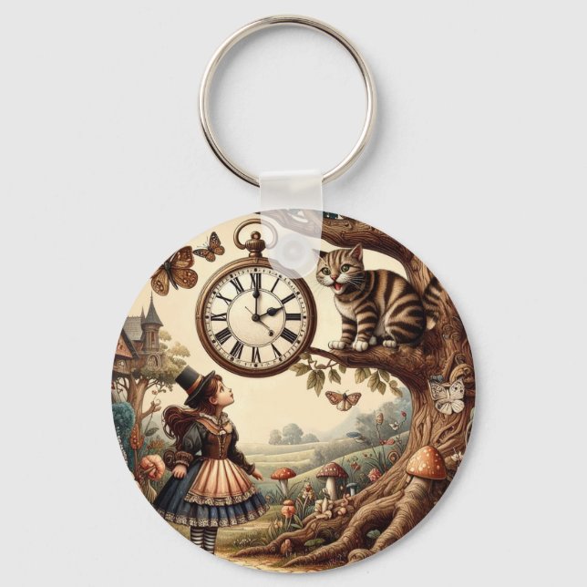Alice & Cheshire Cat: Whimsical Wonderland Fantasy Key Ring (Front)
