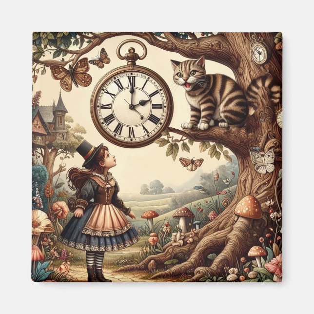 Alice & Cheshire Cat: Whimsical Wonderland Fantasy Magnet (Front)