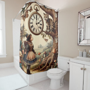 Alice & Cheshire Cat: Whimsical Wonderland Fantasy Shower Curtain