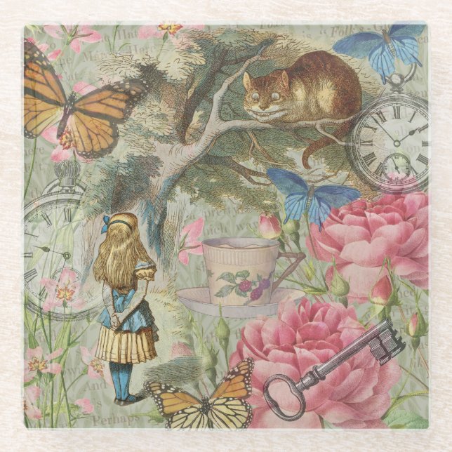 Alice Cheshire Cat Wonderland Tree Garden Glass Coaster (Front)