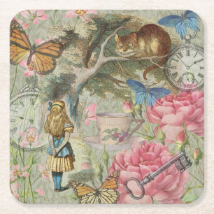 Alice Cheshire Cat Wonderland Tree Garden Square Paper Coaster
