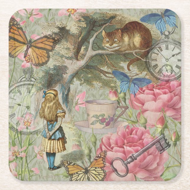 Alice Cheshire Cat Wonderland Tree Garden Square Paper Coaster (Front)