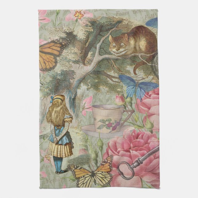 Alice Cheshire Cat Wonderland Tree Garden Tea Towel (Vertical)