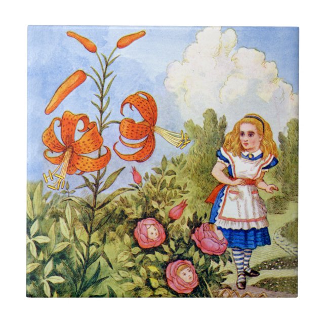 Alice Encounters Talking Flowers in Wonderland Ceramic Tile (Front)